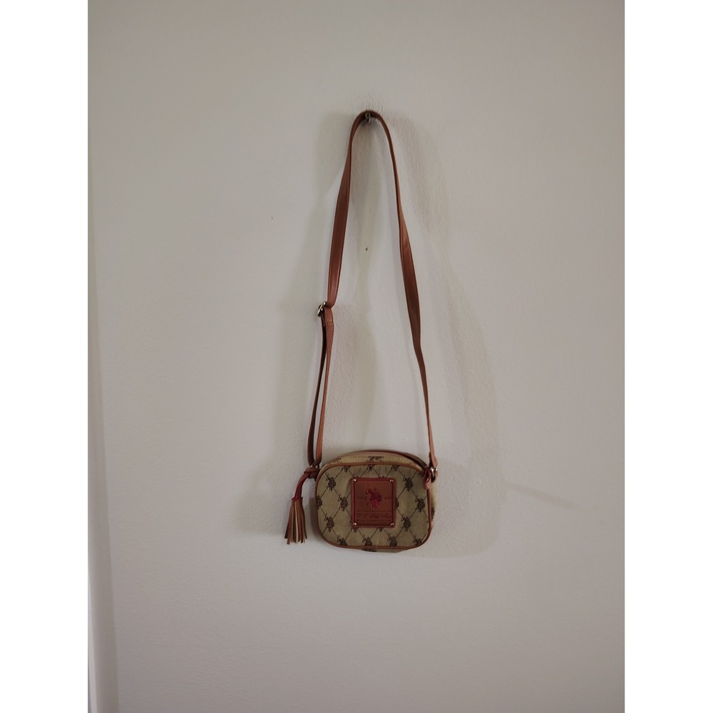 US Polo Assn Tan Brown Monogram‎ Crossbody Camera Bag with Tassel